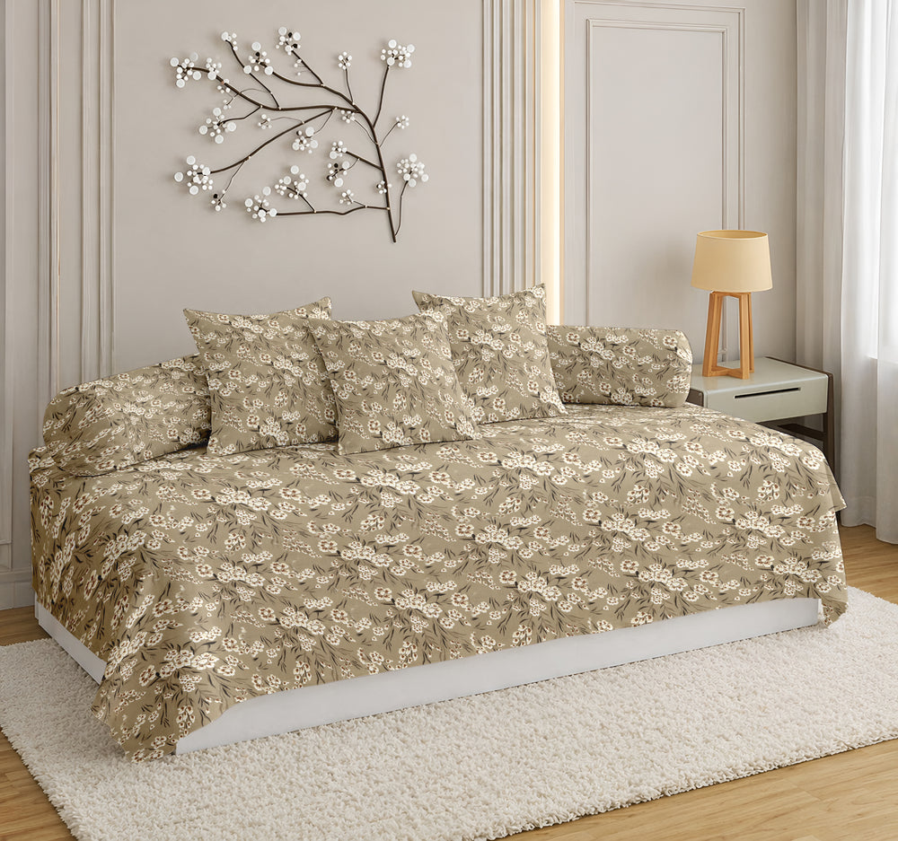 Satrangi Everyday  Diwan Set | 144 TC 100% Cotton | 1 Diwan sheet + 2 Bolster Covers + 3 Cushion Covers | Dusty Green & Cream Floral