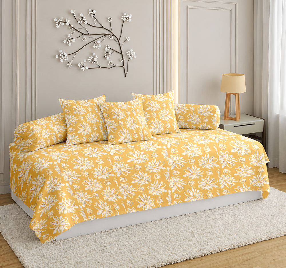 Satrangi Everyday  Diwan Set | 144 TC 100% Cotton | 1 Diwan sheet + 2 Bolster Covers + 3 Cushion Covers | Yellow & White Floral