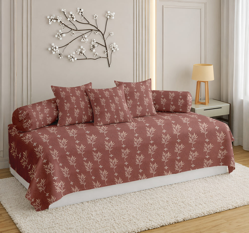 Satrangi Everyday  Diwan Set | 144 TC 100% Cotton | 1 Diwan sheet + 2 Bolster Covers + 3 Cushion Covers | Dusty Rose & Cream Floral