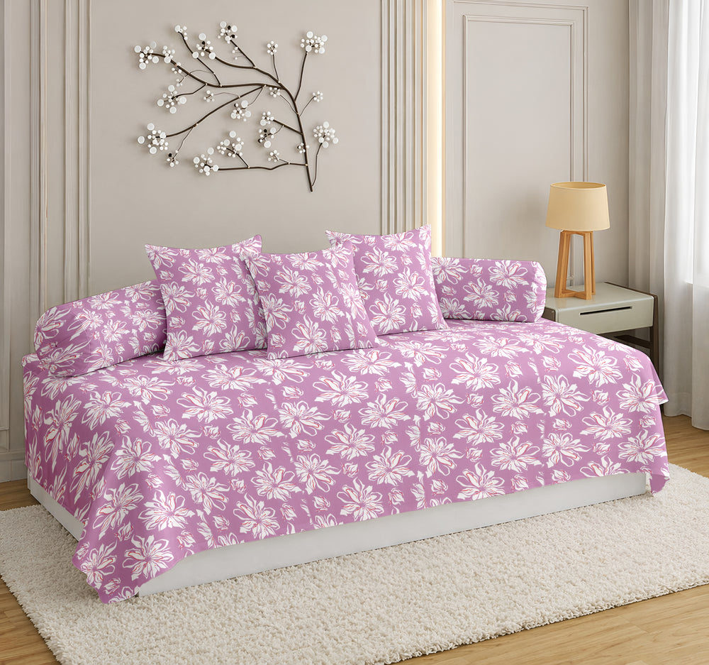 Satrangi Everyday  Diwan Set | 144 TC 100% Cotton | 1 Diwan sheet + 2 Bolster Covers + 3 Cushion Covers | Purple & White Floral