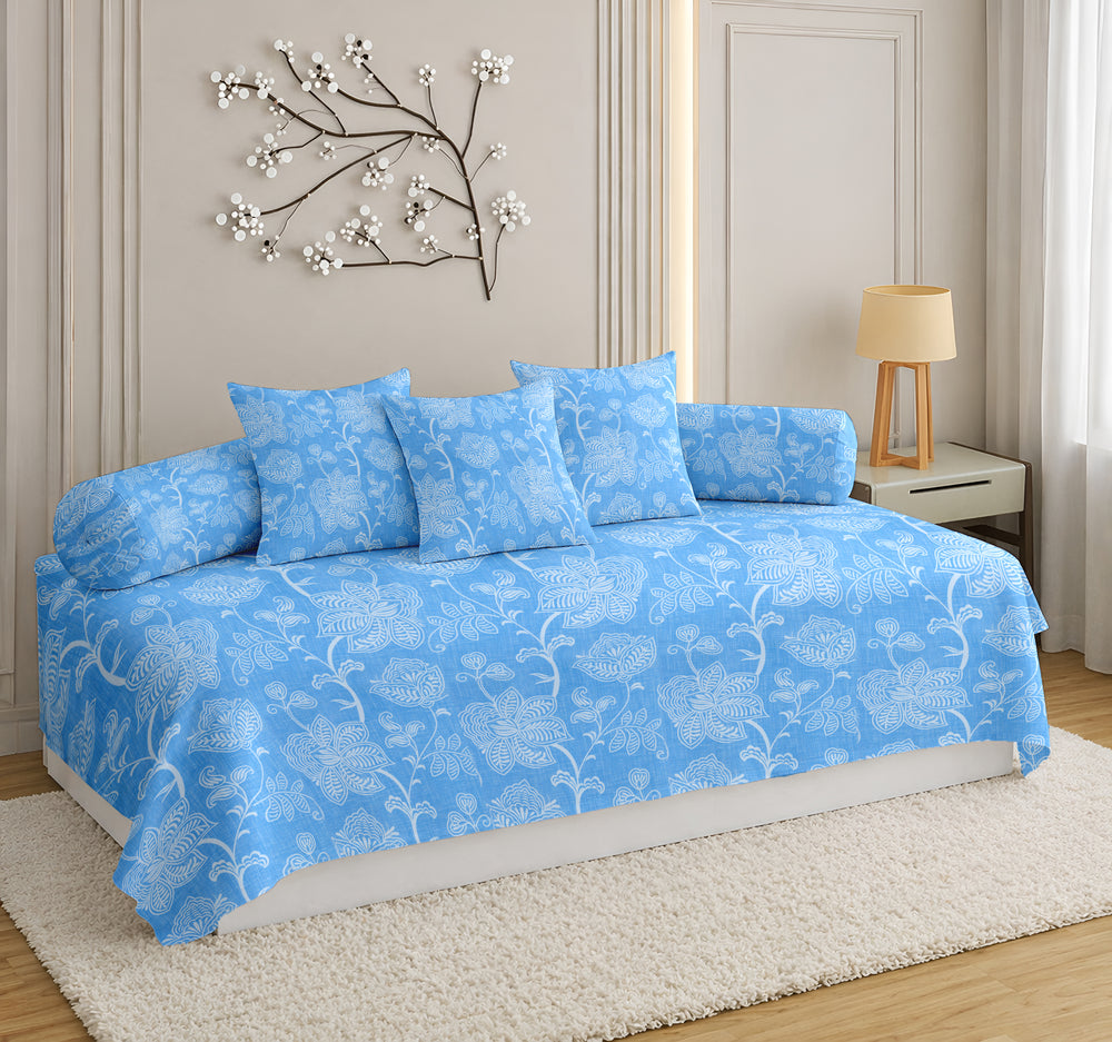 Satrangi Everyday  Diwan Set | 144 TC 100% Cotton | 1 Diwan sheet + 2 Bolster Covers + 3 Cushion Covers | Blue Floral