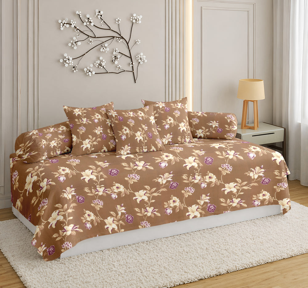 Satrangi Everyday  Diwan Set | 144 TC 100% Cotton | 1 Diwan sheet + 2 Bolster Covers + 3 Cushion Covers | Brown & Purple Floral