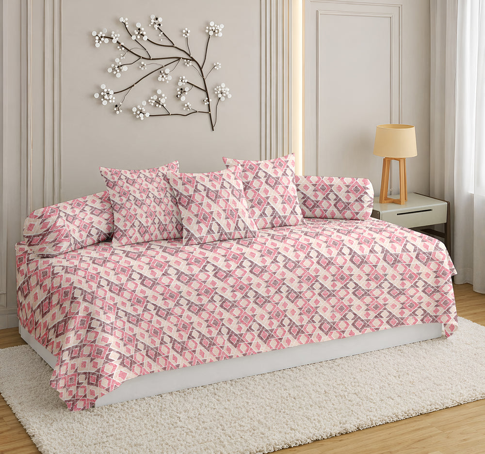 Satrangi Everyday  Diwan Set | 144 TC 100% Cotton | 1 Diwan sheet + 2 Bolster Covers + 3 Cushion Covers | Pink & Gray