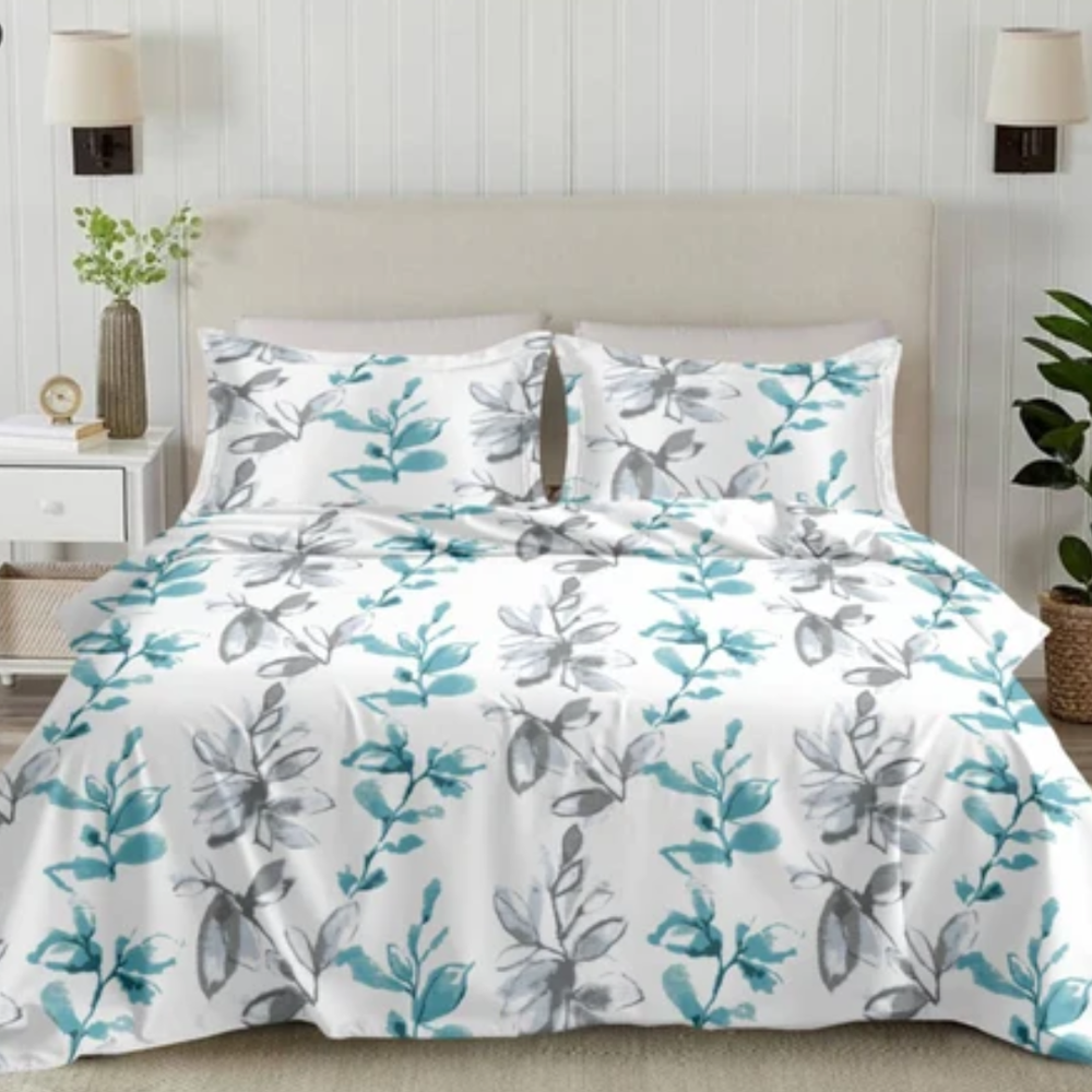 Elan King-Size Bedsheet | 100% Cotton | 250 TC Percale | Crisp & Fresh Feel | Blue & Gray Floral