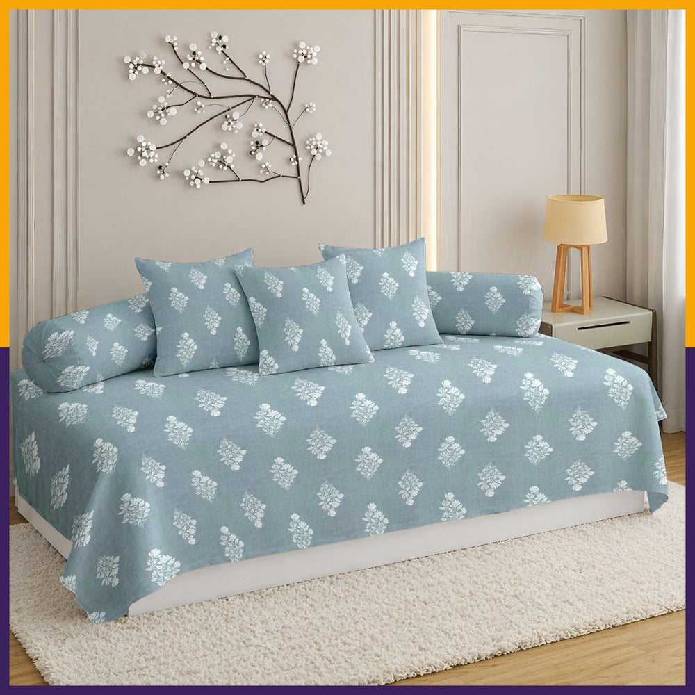 Satrangi Everyday  Diwan Set | 144 TC 100% Cotton | 1 Diwan sheet + 2 Bolster Covers + 3 Cushion Covers | Light Blue Colour