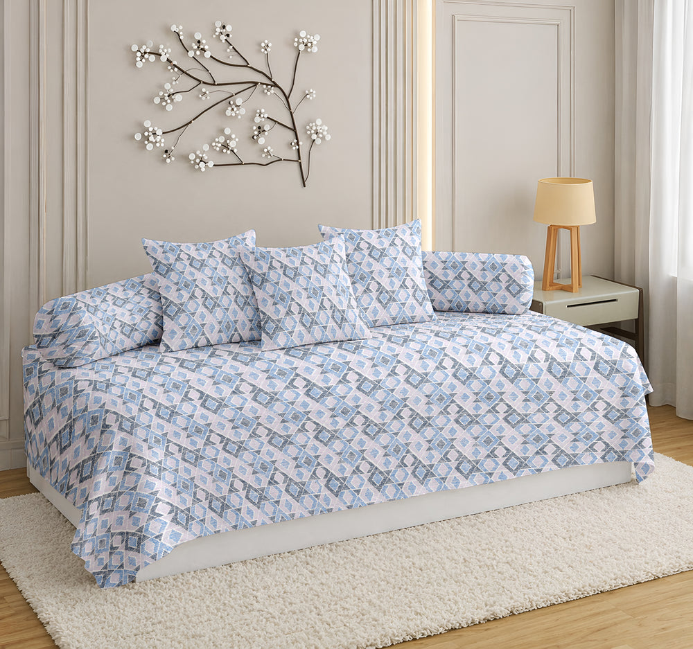 Satrangi Everyday  Diwan Set | 144 TC 100% Cotton | 1 Diwan sheet + 2 Bolster Covers + 3 Cushion Covers | White & Blue