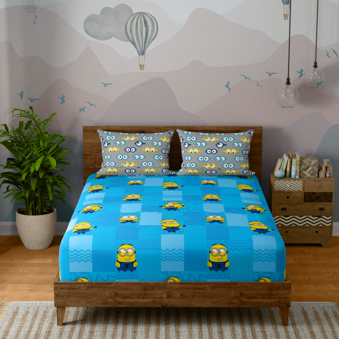 Portico Kids  Double Size Bedsheet – Minions Sky Blue