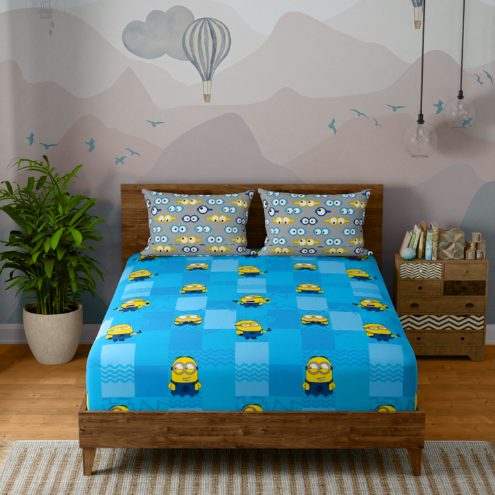 Portico Kids  Double Size Bedsheet – Minions Sky Blue