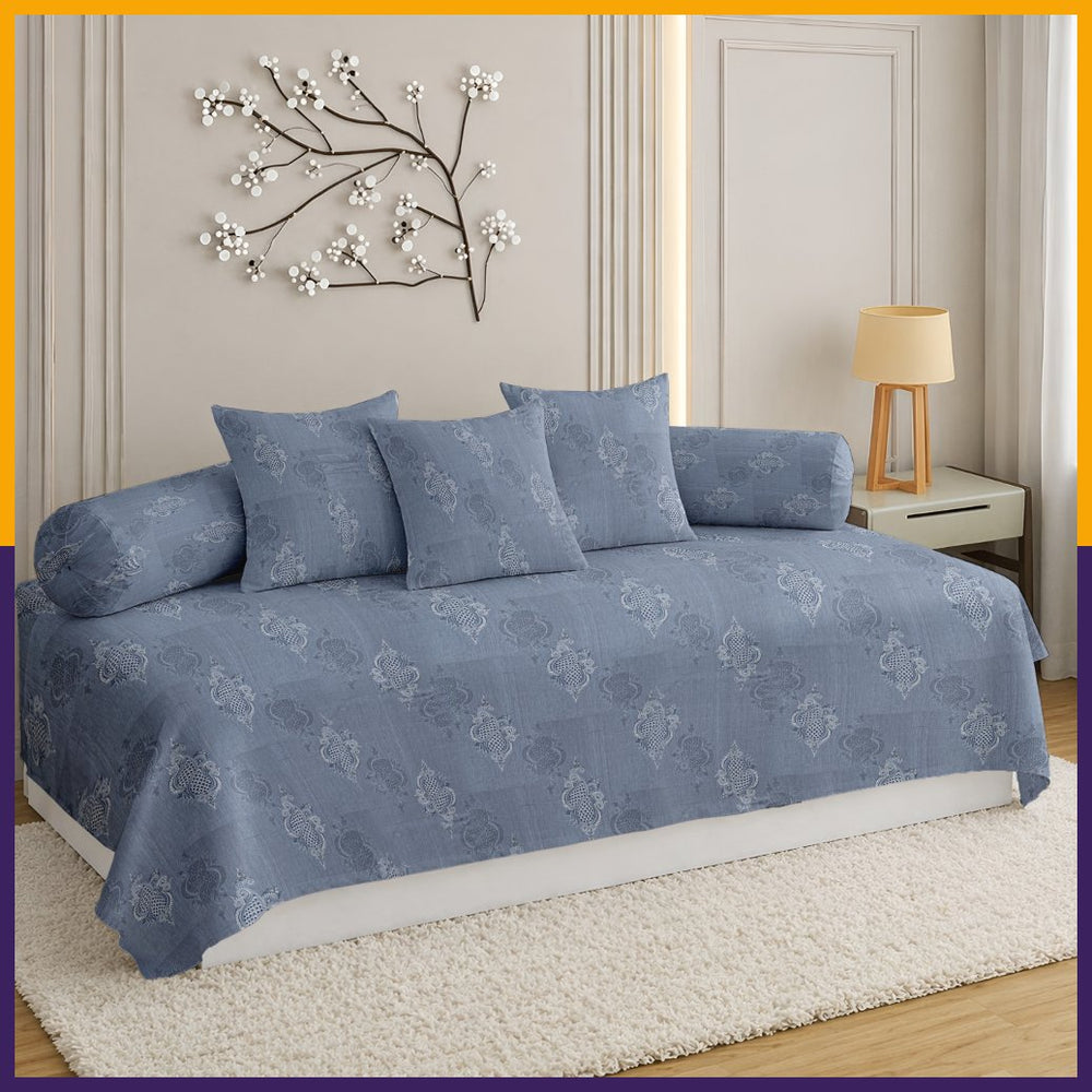 Satrangi Everyday  Diwan Set | 144 TC 100% Cotton | 1 Diwan sheet + 2 Bolster Covers + 3 Cushion Covers | Blue Colour