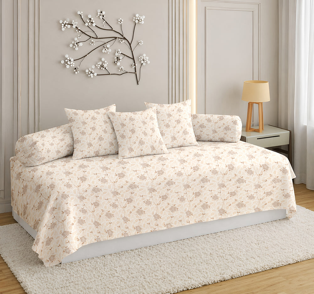 Satrangi Everyday  Diwan Set | 144 TC 100% Cotton | 1 Diwan sheet + 2 Bolster Covers + 3 Cushion Covers | White Floral