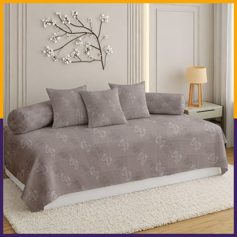 Satrangi Everyday  Diwan Set | 144 TC 100% Cotton | 1 Diwan sheet + 2 Bolster Covers + 3 Cushion Covers | Gray Colour