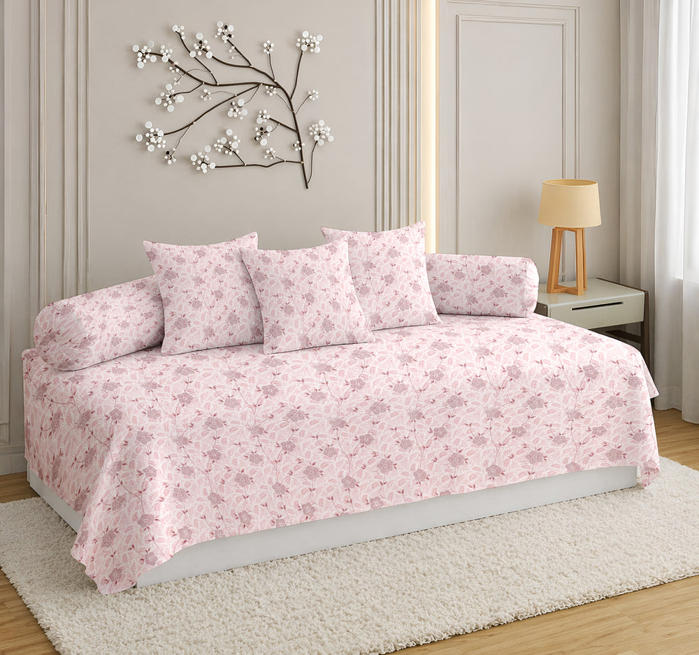 Satrangi Everyday  Diwan Set | 144 TC 100% Cotton | 1 Diwan sheet + 2 Bolster Covers + 3 Cushion Covers | Dusty Rose Pink