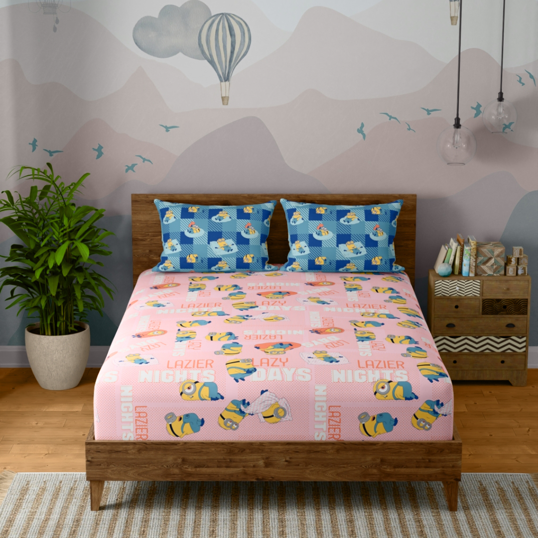 Portico Kids  Double Size Bedsheet – Minions Pink