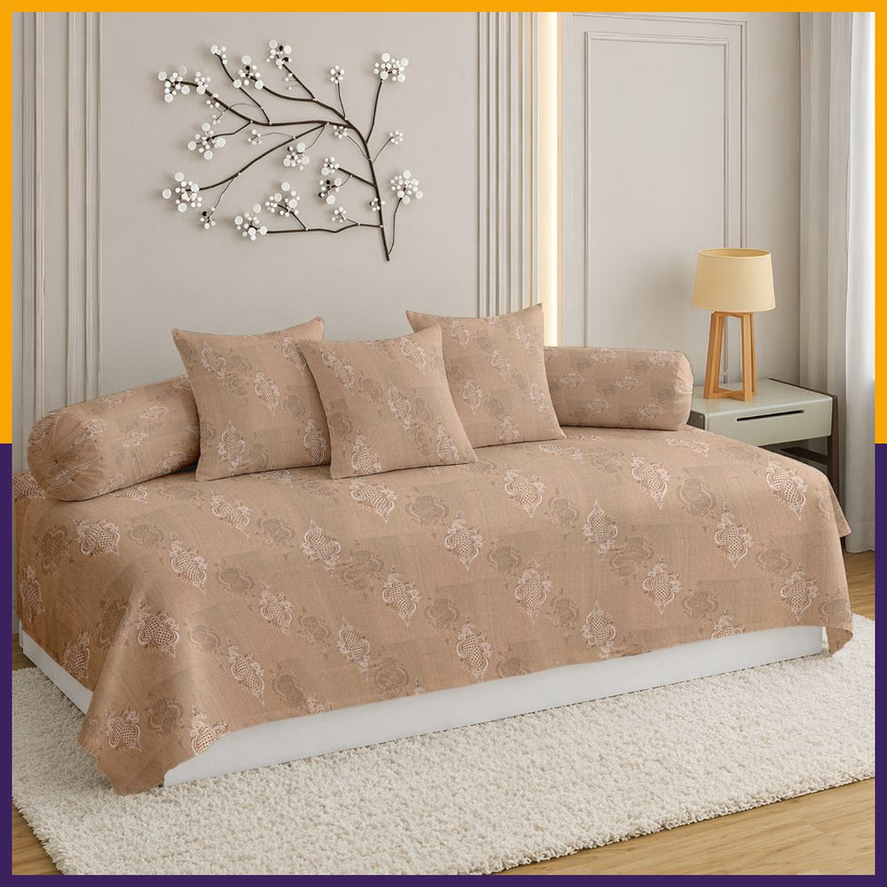Satrangi Everyday  Diwan Set | 144 TC 100% Cotton | 1 Diwan sheet + 2 Bolster Covers + 3 Cushion Covers | Dark Cream Floral