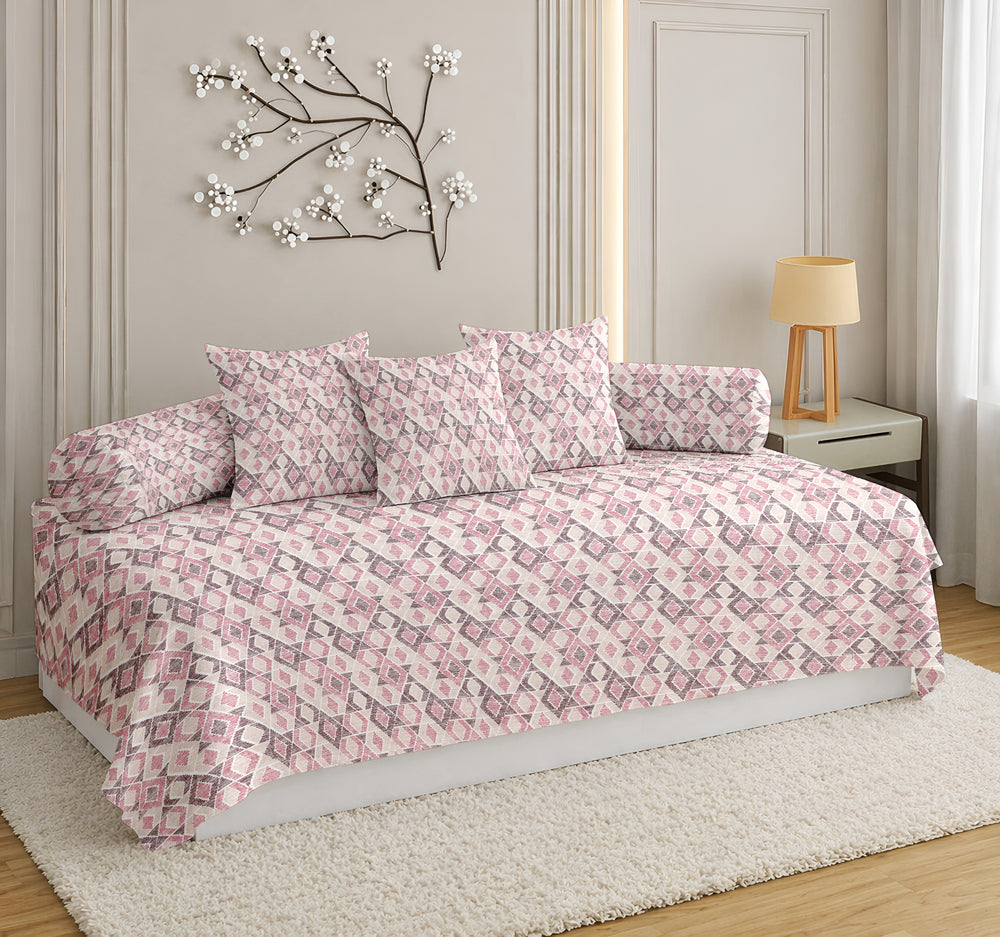 Satrangi Everyday  Diwan Set | 144 TC 100% Cotton | 1 Diwan sheet + 2 Bolster Covers + 3 Cushion Covers | Light Pink & Gray