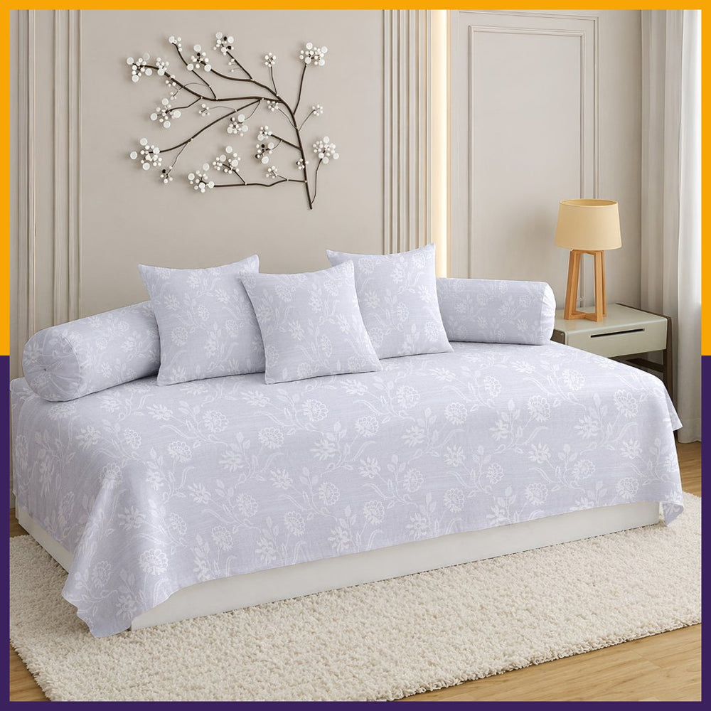 Satrangi Everyday  Diwan Set | 144 TC 100% Cotton | 1 Diwan sheet + 2 Bolster Covers + 3 Cushion Covers | Light Lavender Floral