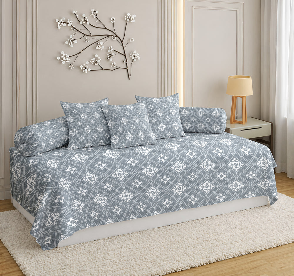 Satrangi Everyday  Diwan Set | 144 TC 100% Cotton | 1 Diwan sheet + 2 Bolster Covers + 3 Cushion Covers| Gray Colour