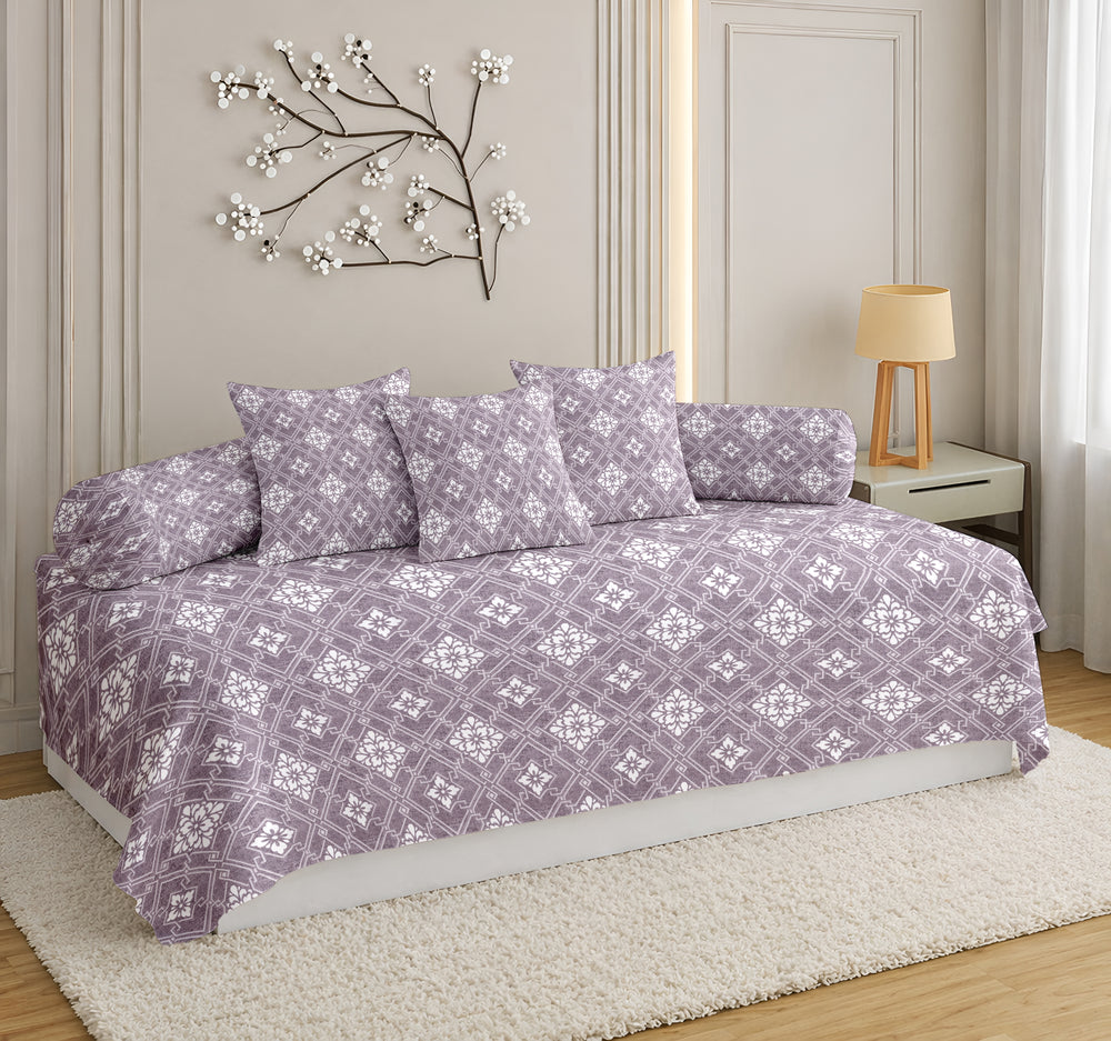 Satrangi Everyday  Diwan Set | 144 TC 100% Cotton | 1 Diwan sheet + 2 Bolster Covers + 3 Cushion Covers| Light Purple