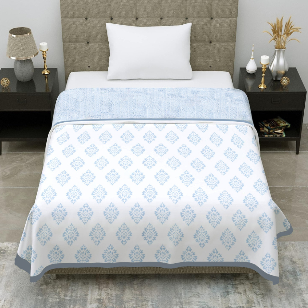 Premia Single Dohar |  Reversible Blanket  | 100% Cotton  | White & Blue