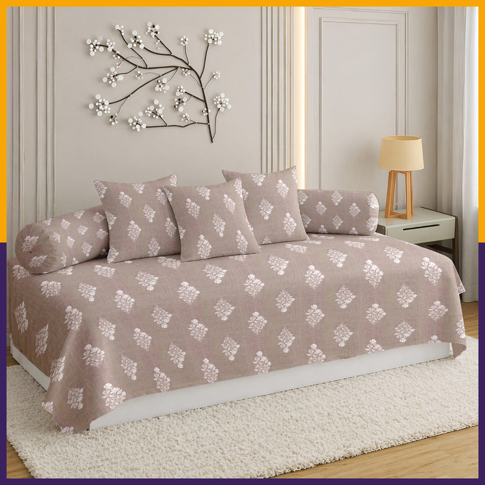 Satrangi Everyday  Diwan Set | 144 TC 100% Cotton | 1 Diwan sheet + 2 Bolster Covers + 3 Cushion Covers | Dusty Pink Colour