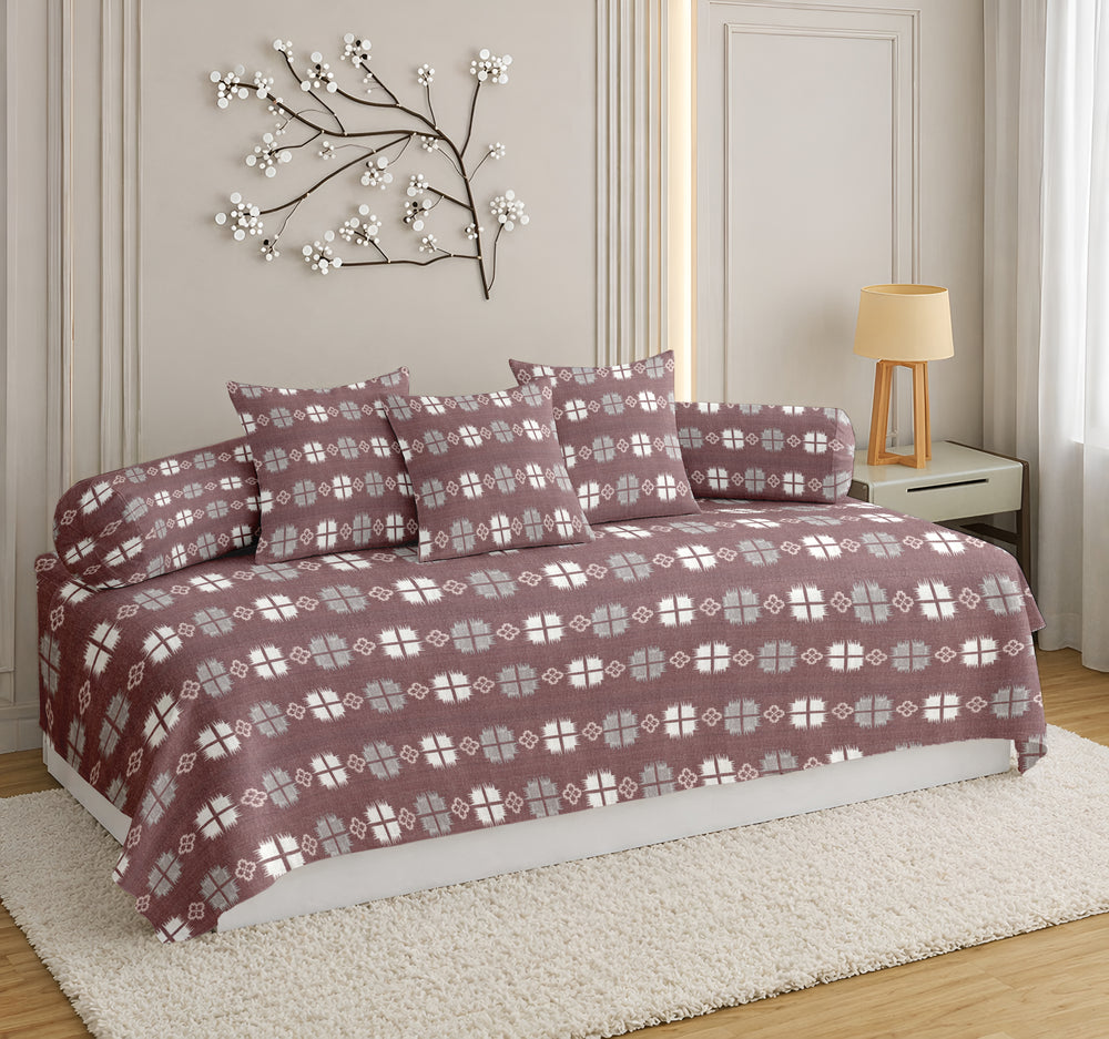 Satrangi Everyday  Diwan Set | 144 TC 100% Cotton | 1 Diwan sheet + 2 Bolster Covers + 3 Cushion Covers | Brown Colour