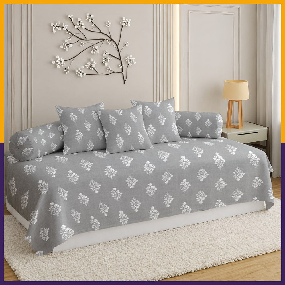 Satrangi Everyday  Diwan Set | 144 TC 100% Cotton | 1 Diwan sheet + 2 Bolster Covers + 3 Cushion Covers | Gray Colour