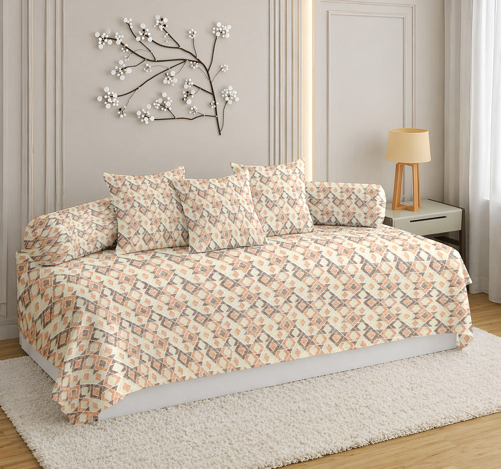 Satrangi Everyday  Diwan Set | 144 TC 100% Cotton | 1 Diwan sheet + 2 Bolster Covers + 3 Cushion Covers | Light Orange & Gray Colour