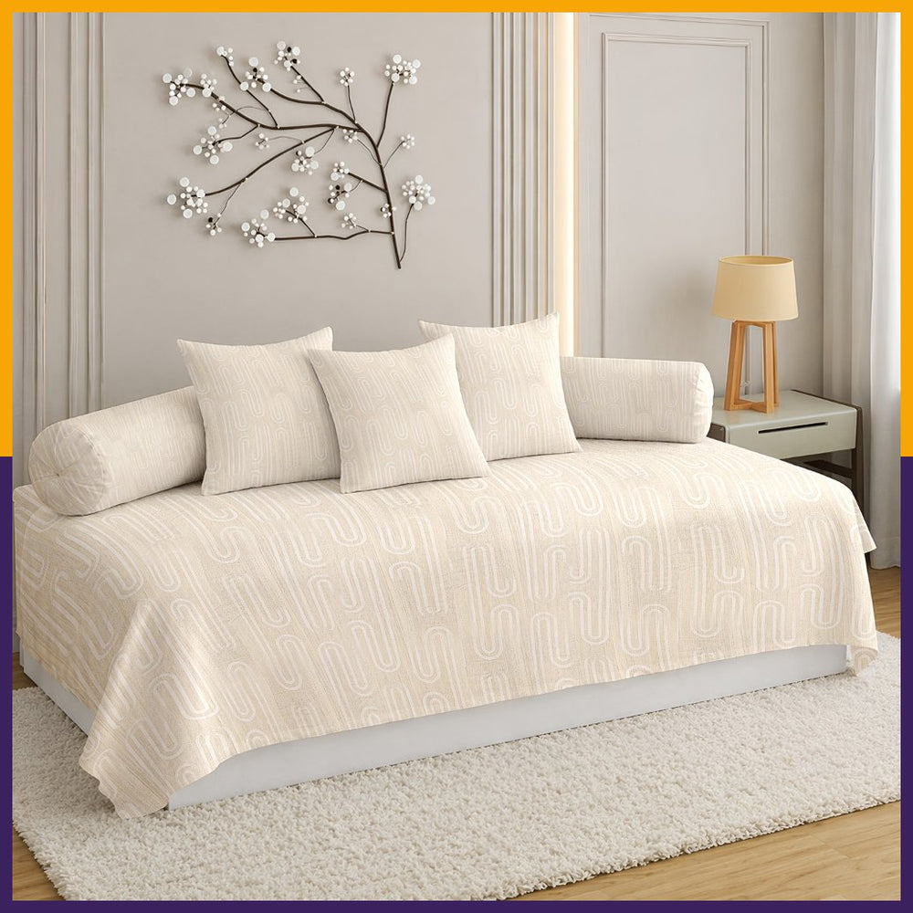 Satrangi Everyday  Diwan Set | 144 TC 100% Cotton | 1 Diwan sheet + 2 Bolster Covers + 3 Cushion Covers | White Colour