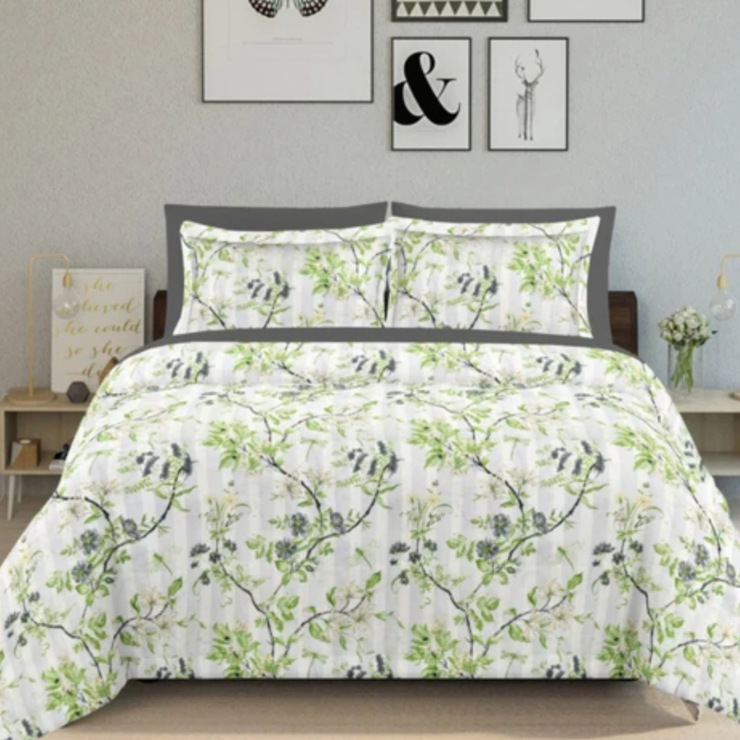 Soft Loom King-Size Bedsheet | 100% Cotton | Green & Gray Floral