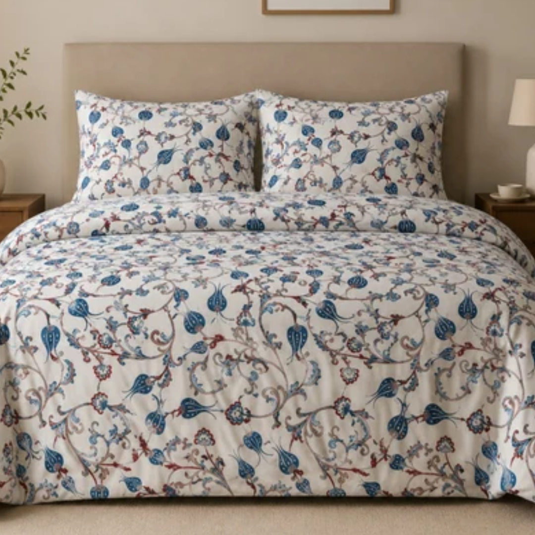 Satin Dreamz King Size Premium Bedsheet  | 100% Cotton |  300 TC Sateen | Smooth & Silky Feel | Blue Floral
