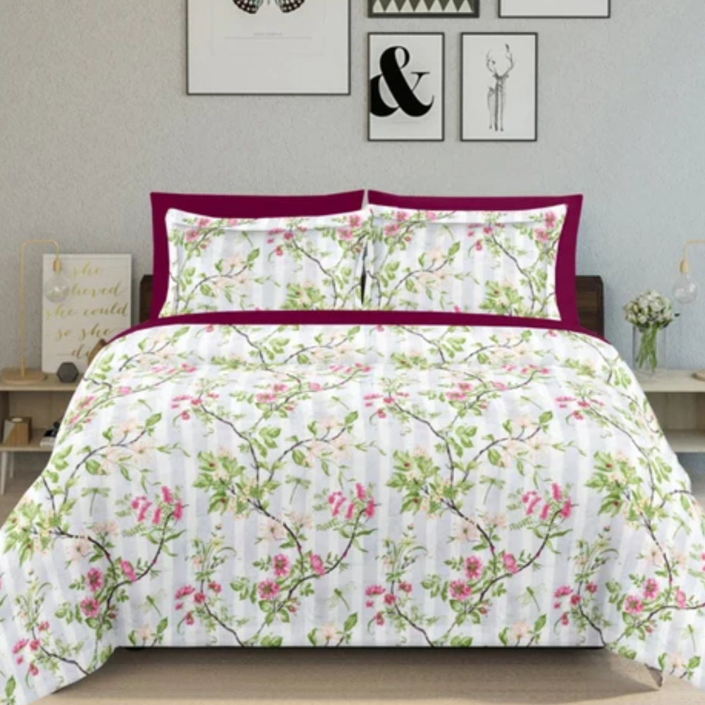 Soft Loom King-Size Bedsheet | 100% Cotton | Pink & Green Floral