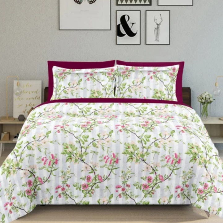 Soft Loom King-Size Bedsheet | 100% Cotton | Pink & Green Floral