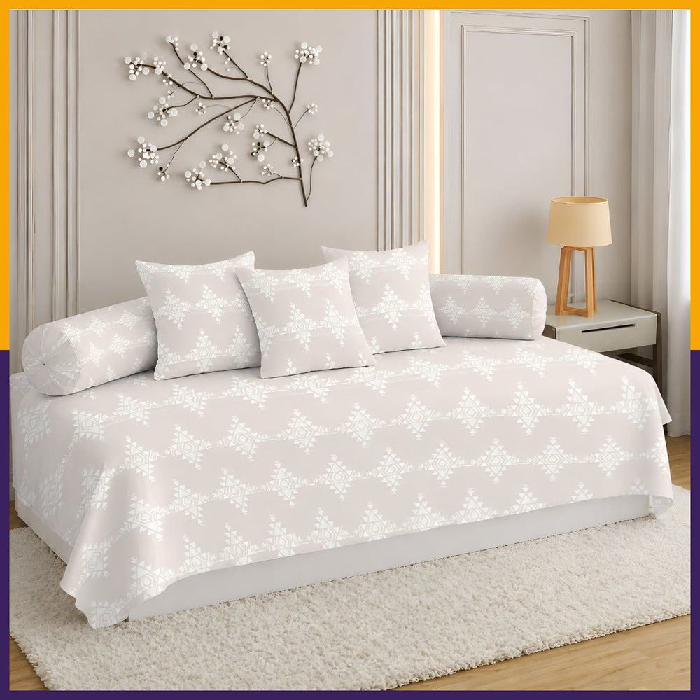 Satrangi Everyday  Diwan Set | 144 TC 100% Cotton | 1 Diwan sheet + 2 Bolster Covers + 3 Cushion Covers | Light Gray
