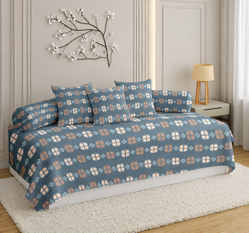 Satrangi Everyday  Diwan Set | 144 TC 100% Cotton | 1 Diwan sheet + 2 Bolster Covers + 3 Cushion Covers | Blue Colour
