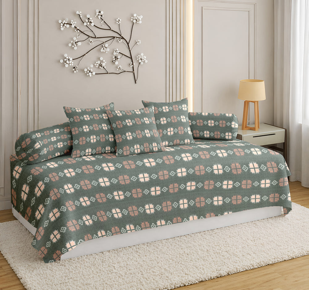 Satrangi Everyday  Diwan Set | 144 TC 100% Cotton | 1 Diwan sheet + 2 Bolster Covers + 3 Cushion Covers | Dusty Green