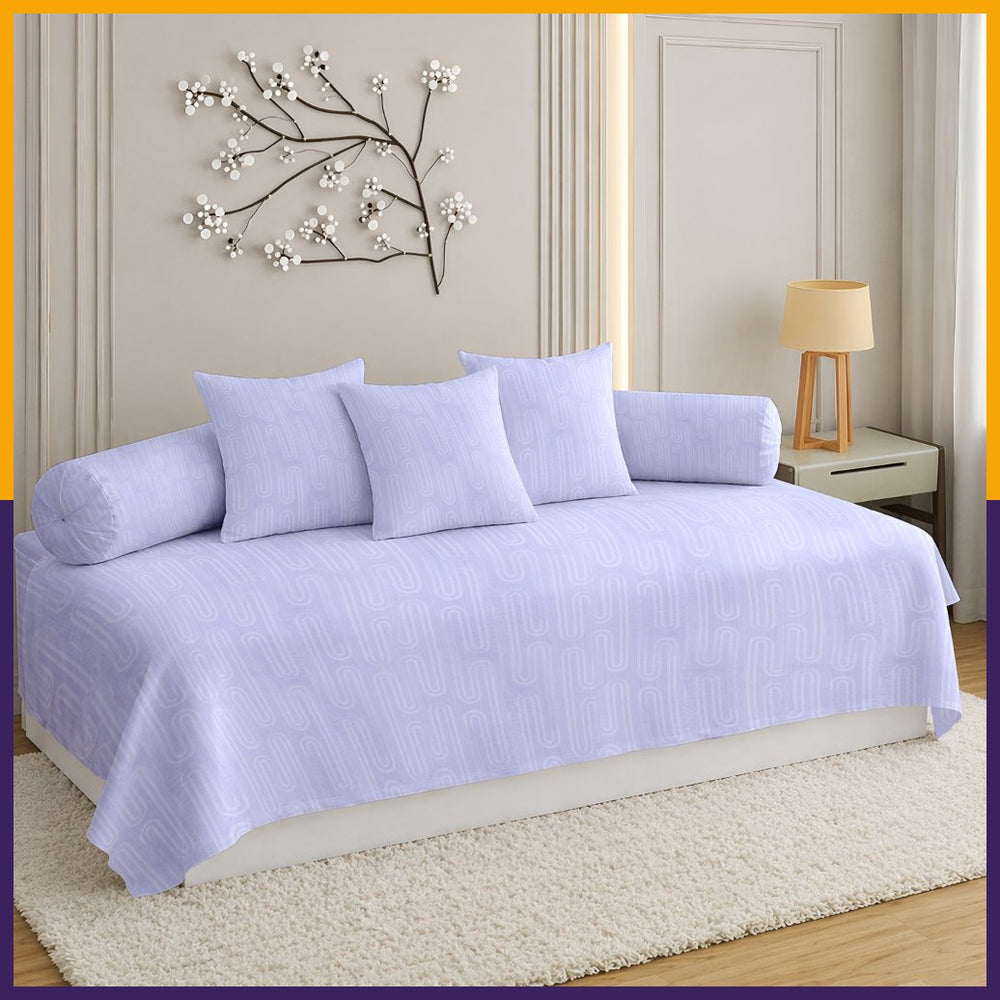 Satrangi Everyday  Diwan Set | 144 TC 100% Cotton | 1 Diwan sheet + 2 Bolster Covers + 3 Cushion Covers | Light Lavender Colour