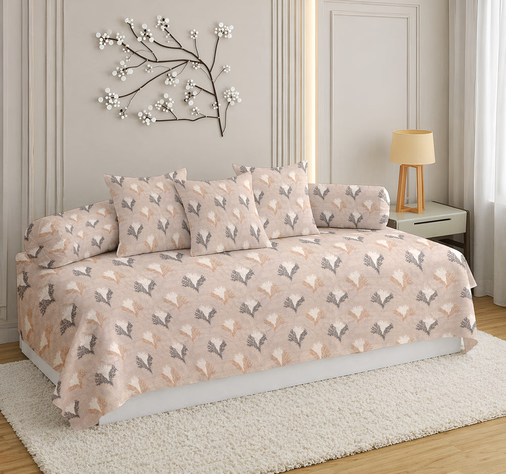 Satrangi Everyday  Diwan Set | 144 TC 100% Cotton | 1 Diwan sheet + 2 Bolster Covers + 3 Cushion Covers | Light Cream Floral