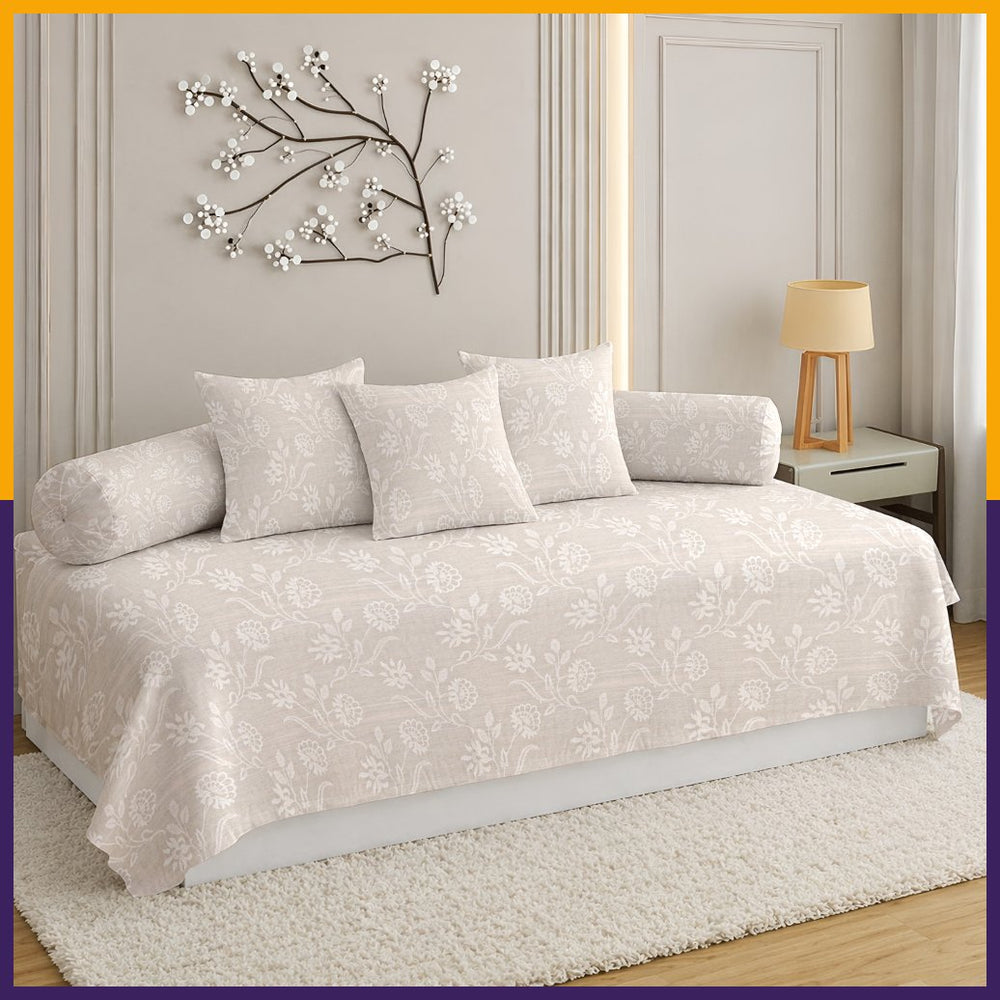 Satrangi Everyday  Diwan Set | 144 TC 100% Cotton | 1 Diwan sheet + 2 Bolster Covers + 3 Cushion Covers | White Floral