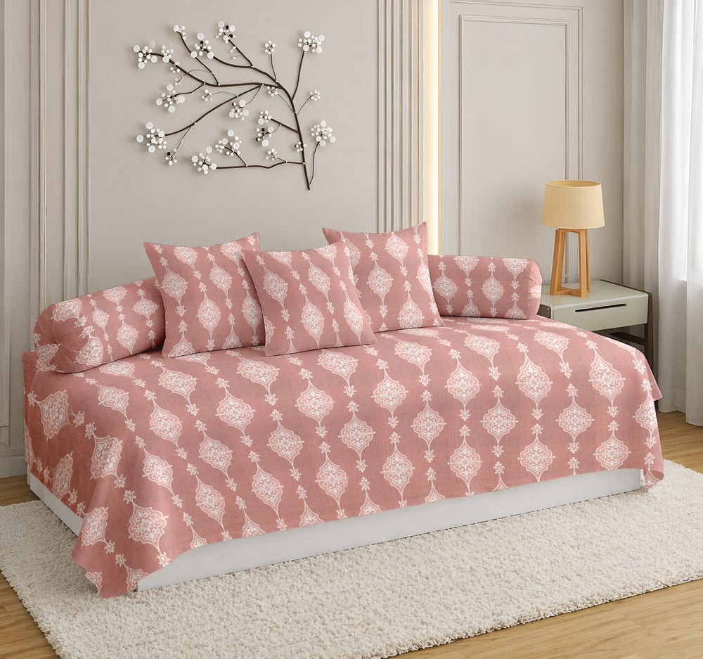 Satrangi Everyday  Diwan Set | 144 TC 100% Cotton | 1 Diwan sheet + 2 Bolster Covers + 3 Cushion Covers | Dusty Red