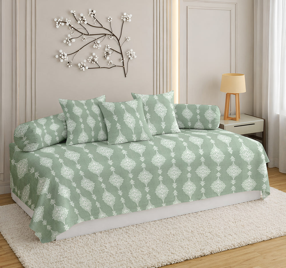 Satrangi Everyday  Diwan Set | 144 TC 100% Cotton | 1 Diwan sheet + 2 Bolster Covers + 3 Cushion Covers | Green & White
