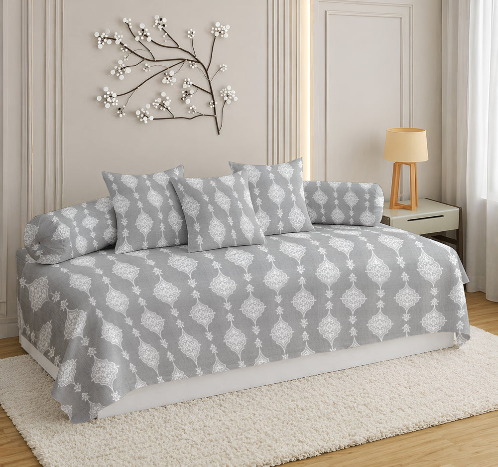 Satrangi Everyday  Diwan Set | 144 TC 100% Cotton | 1 Diwan sheet + 2 Bolster Covers + 3 Cushion Covers | Gray & White