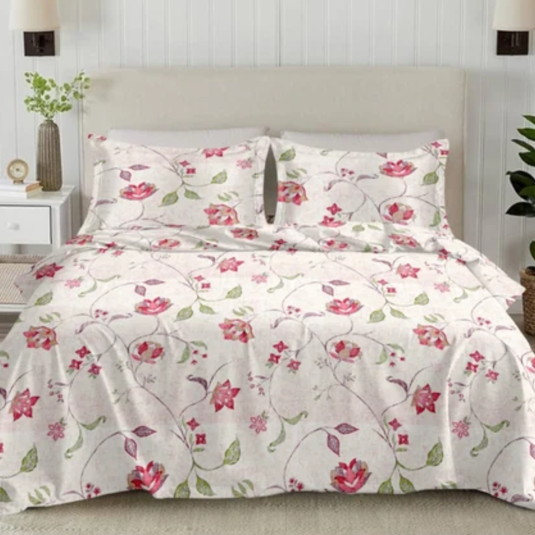 Soft Loom King-Size Bedsheet | 100% Cotton | Pink & Red Floral