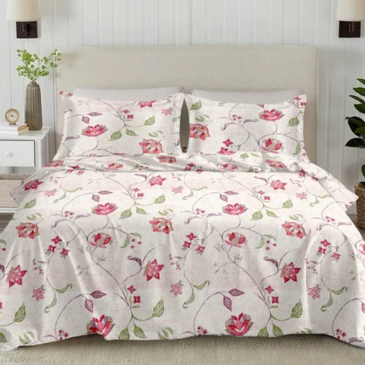 Soft Loom King-Size Bedsheet | 100% Cotton | Pink & Red Floral