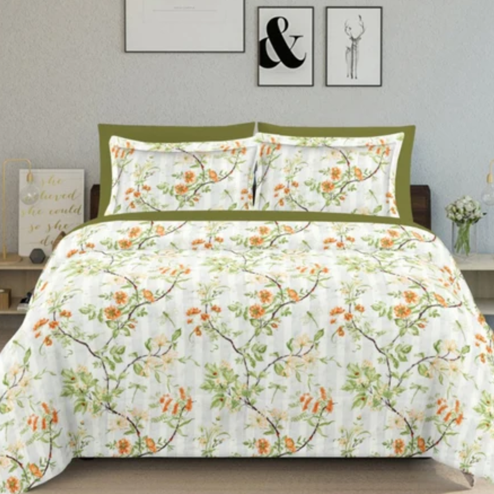 Soft Loom King-Size Bedsheet | 100% Cotton | Orange & Green Floral