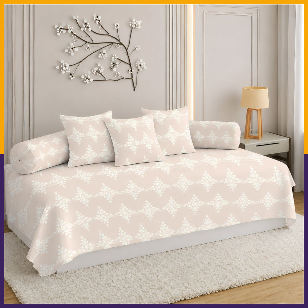 Satrangi Everyday  Diwan Set | 144 TC 100% Cotton | 1 Diwan sheet + 2 Bolster Covers + 3 Cushion Covers| Light Blush Pink