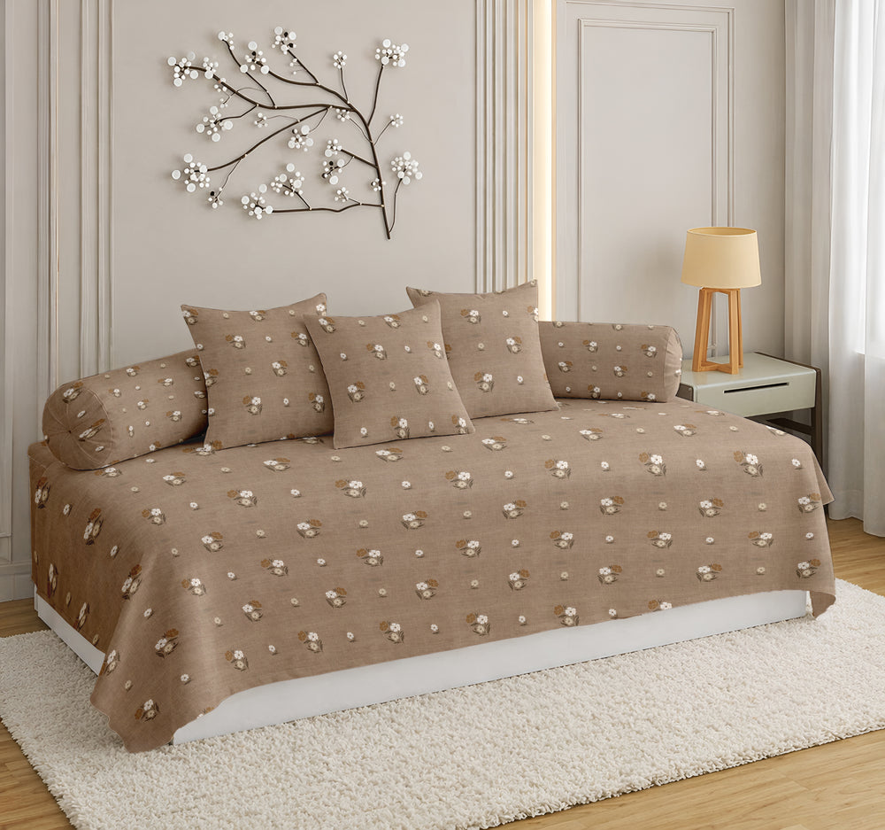 Satrangi Everyday  Diwan Set | 144 TC 100% Cotton | 1 Diwan sheet + 2 Bolster Covers + 3 Cushion Covers | Brown Floral