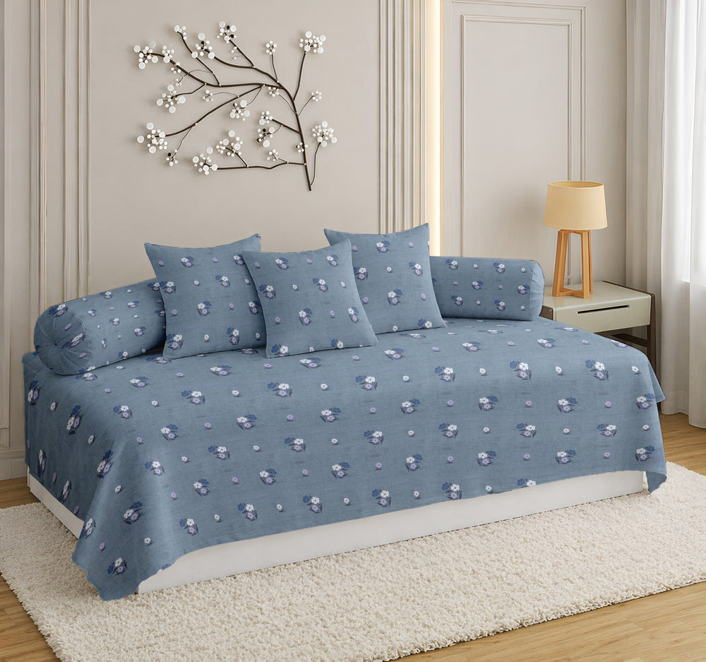 Satrangi Everyday  Diwan Set | 144 TC 100% Cotton | 1 Diwan sheet + 2 Bolster Covers + 3 Cushion Covers|  Blue Floral