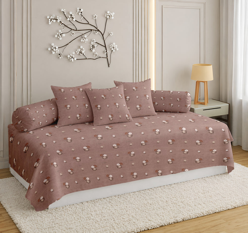 Satrangi Everyday  Diwan Set | 144 TC 100% Cotton | 1 Diwan sheet + 2 Bolster Covers + 3 Cushion Covers | Pink & White Floral