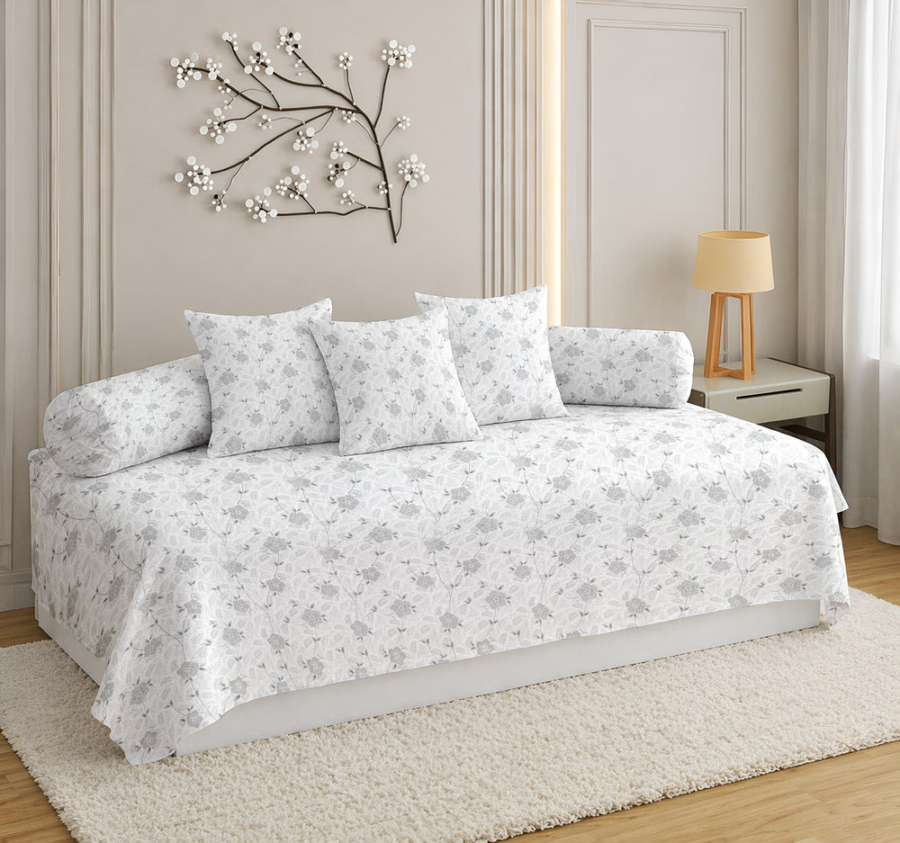 Satrangi Everyday  Diwan Set | 144 TC 100% Cotton | 1 Diwan sheet + 2 Bolster Covers + 3 Cushion Covers | White & Gray Floral