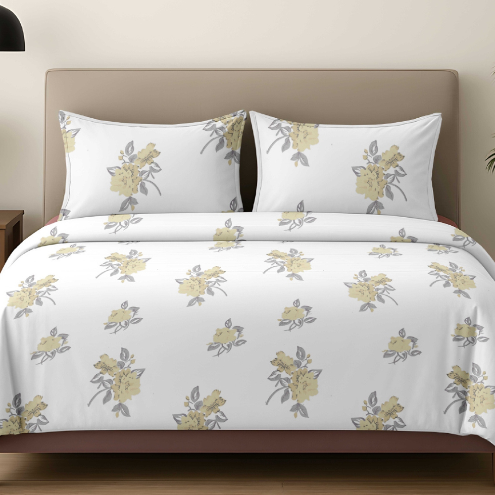 Vivron King-Size Bedsheet | 100% Pure Cotton Floral | Lemon Yellow